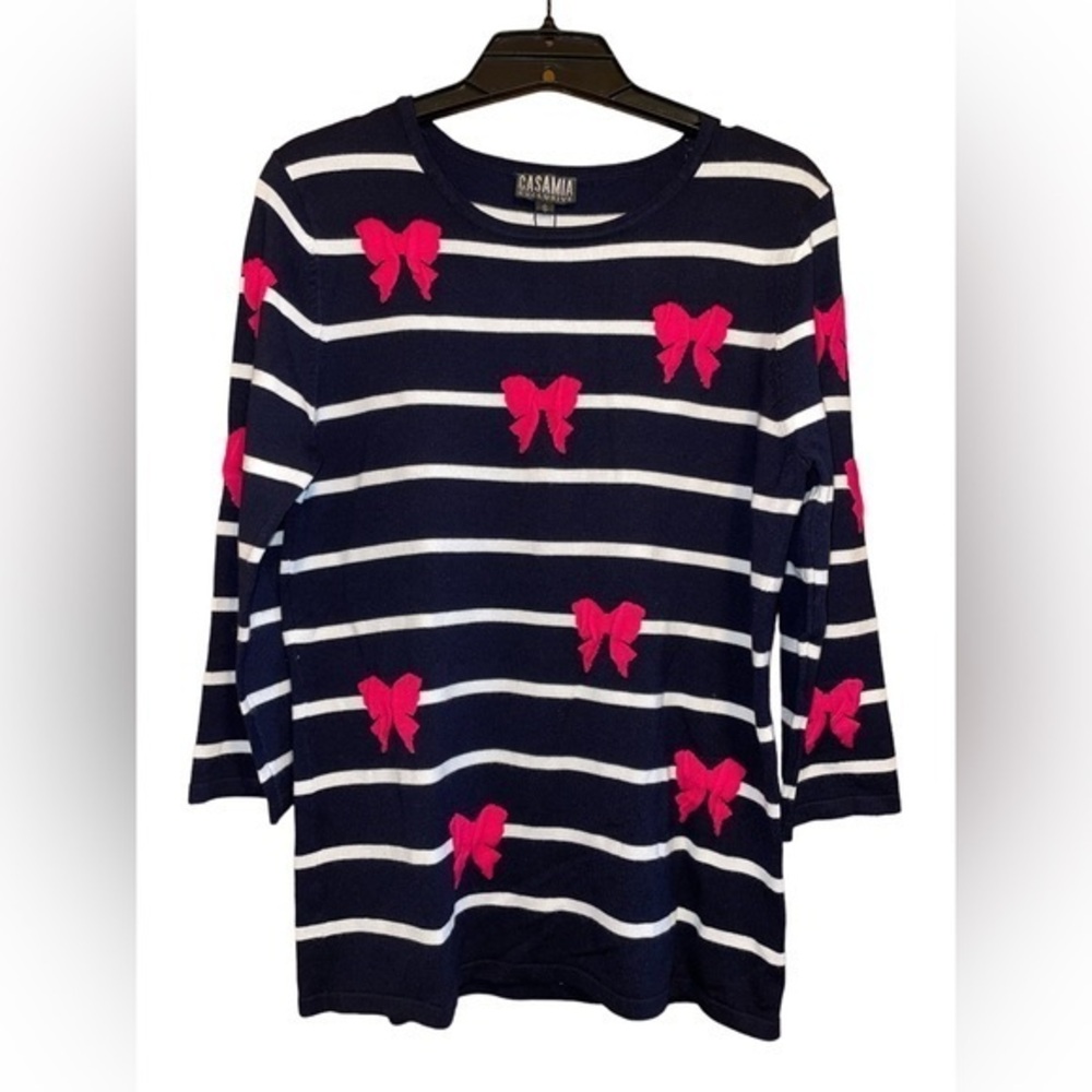 Casamia Exclusive NWT Women’s Knit Sweater Navy‎ White Striped Bow Size Small